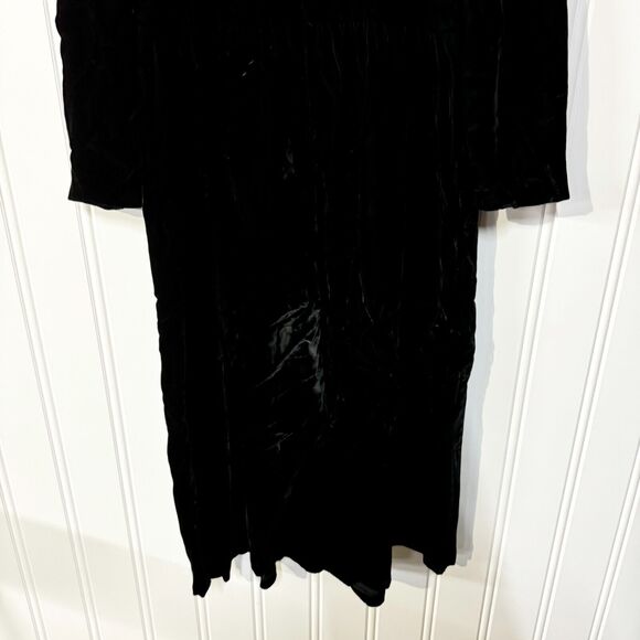 70s Vintage LANG Dress Women Size 14 Black Velvet Maxi Lace Collar Long Sleeve - Picture 7 of 8